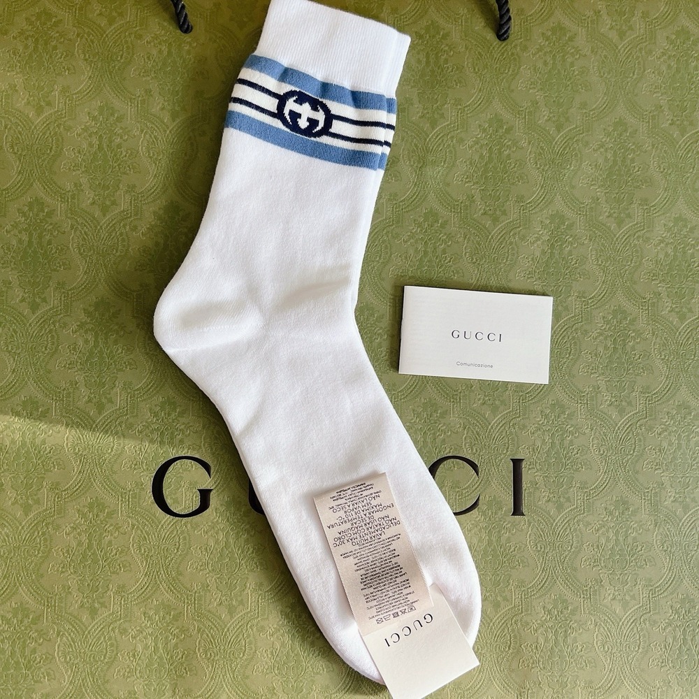 New Authentic Gucci GG Logo Socks White with Blue Logo - Size M - Mens US 8.5- 9